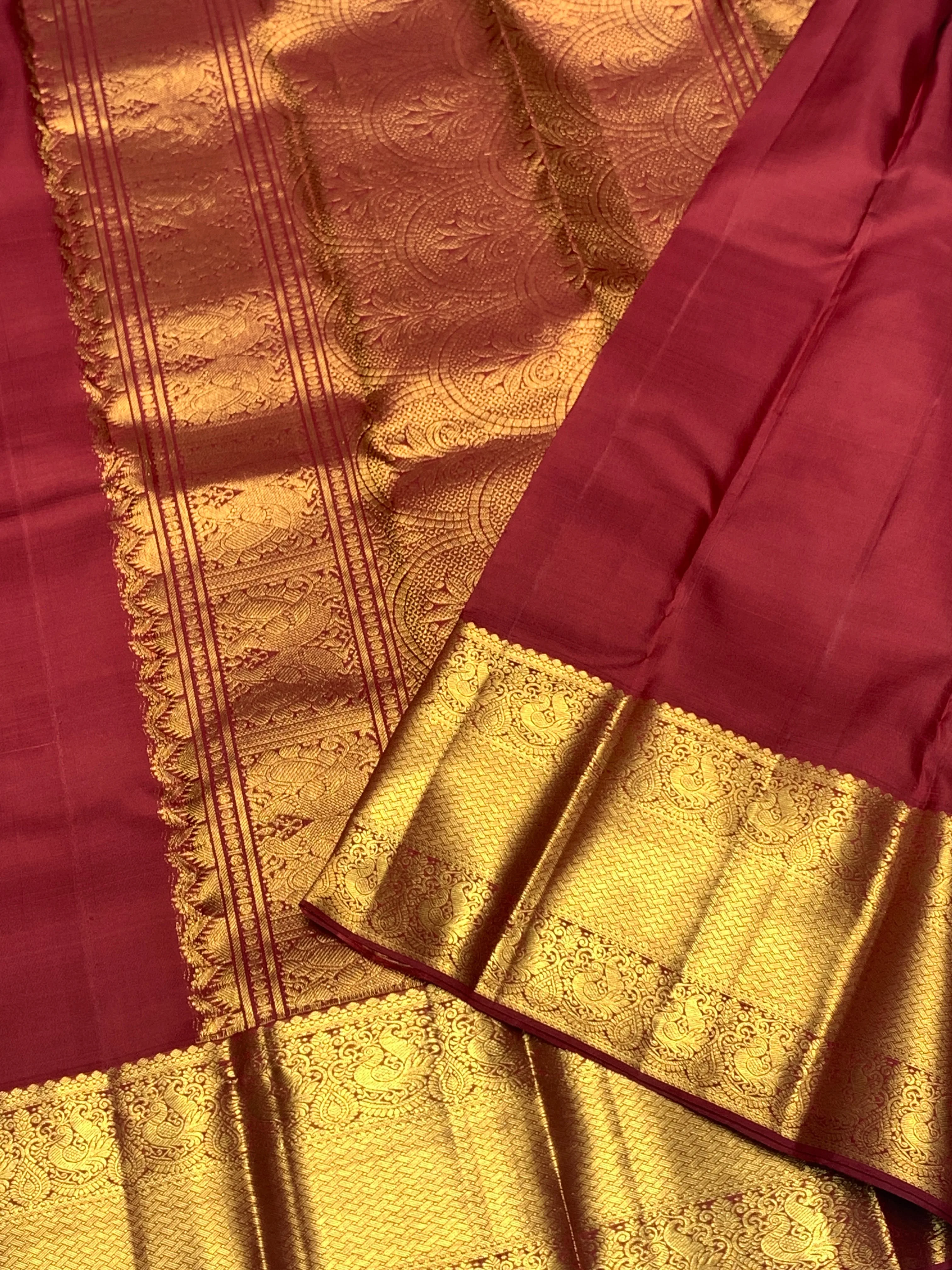 Deep Maroon Gold Zari Kanchipuram Bridal Silk Saree